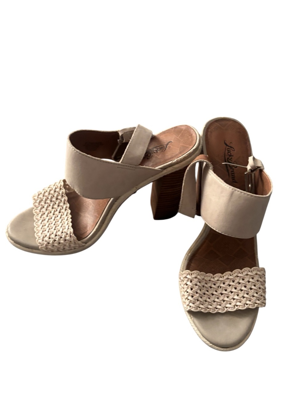 Lucky Brand Beige Woven-Strap Block Heel Mules